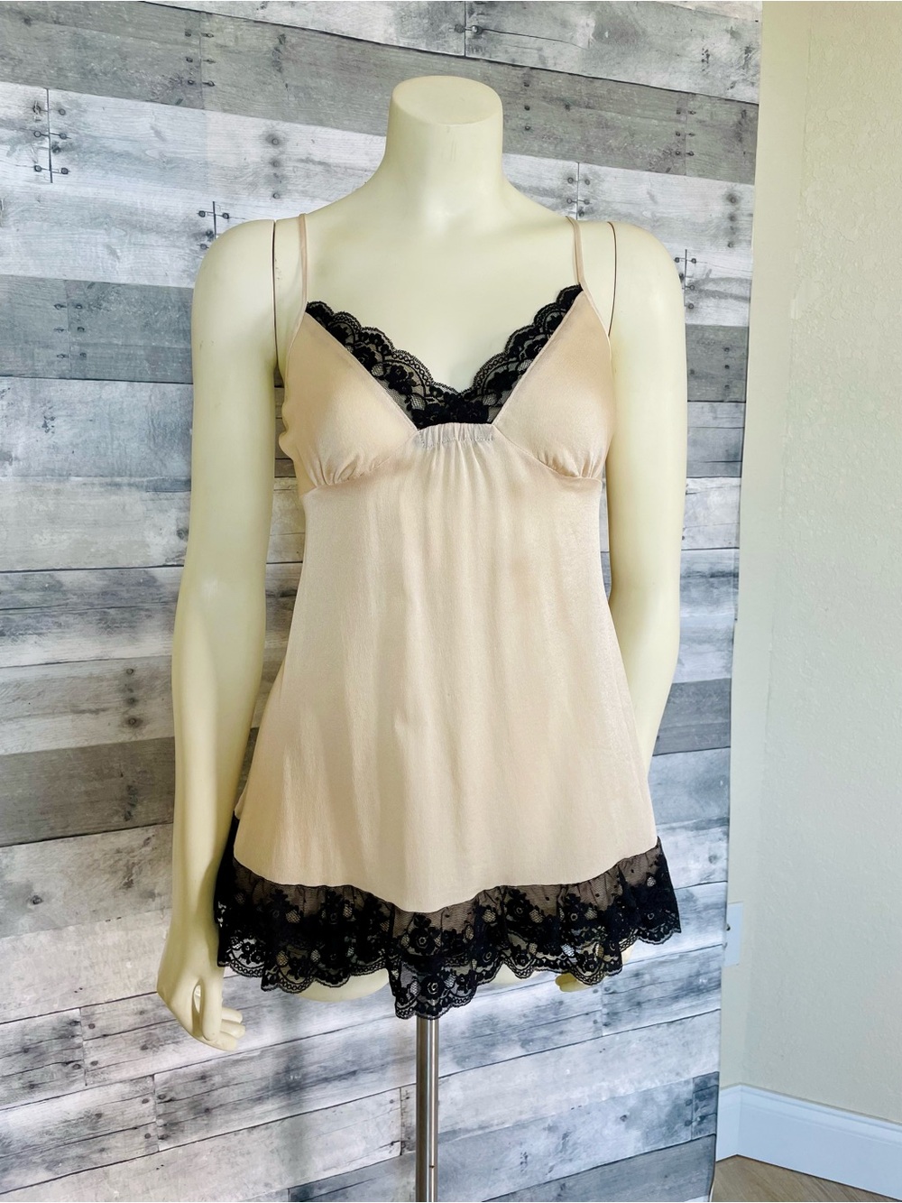 100% Silk Champagne Lace Trim Tank Chemise - Nude with Black Lace